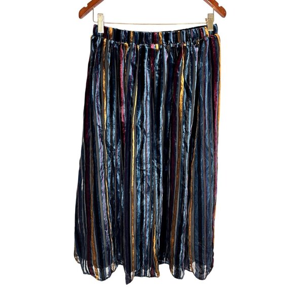 TUCKERNUCK Women's Black Multicolor Alba Stripe Velvet A-Line Midi Skirt NWT SM - Picture 1 of 5